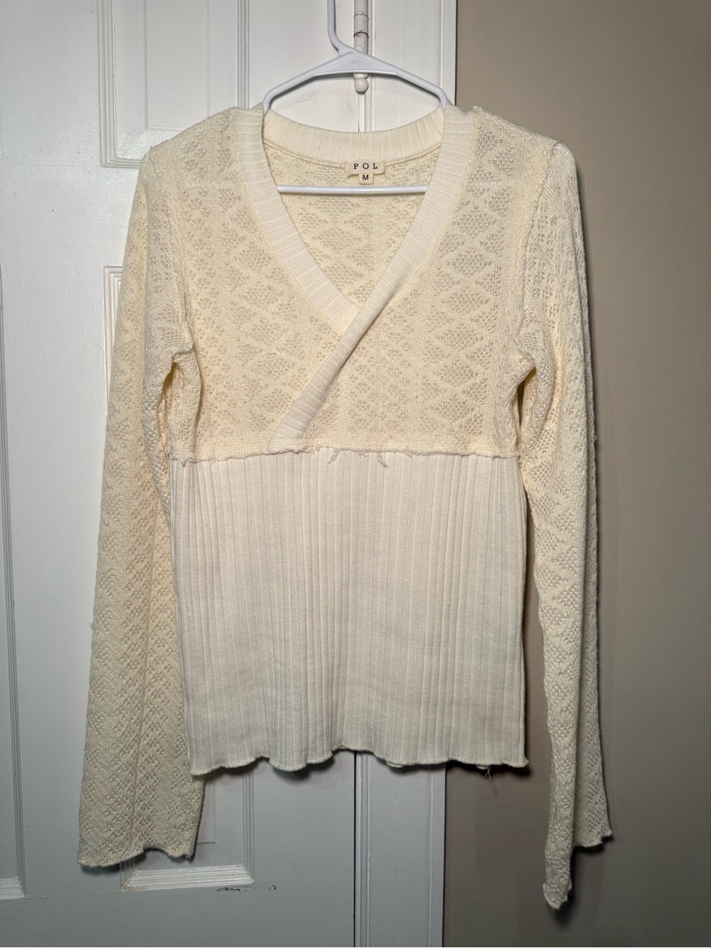 POL Cream V-Neck Wrap-Style Women's Sweater